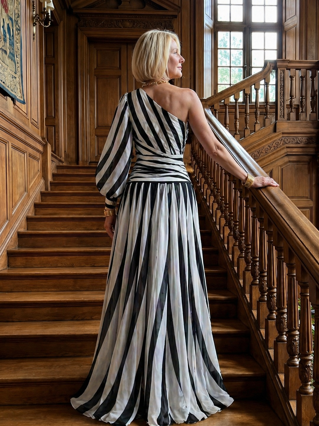 Verenaluxe™ | Elegant Striped Maxi Dress with One Shoulder