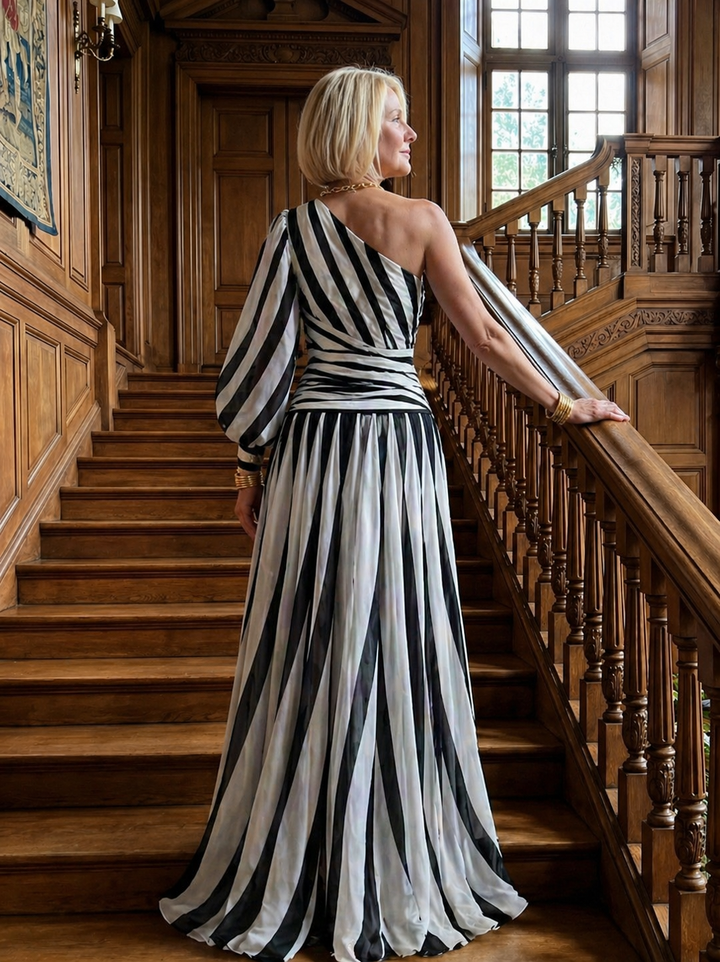 Verenaluxe™ | Elegant Striped Maxi Dress with One Shoulder