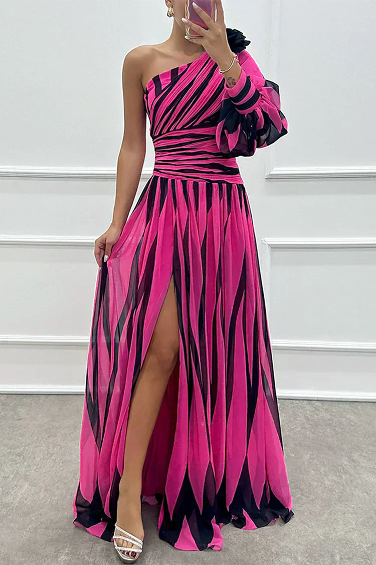 Verenaluxe™ | Elegant Striped Maxi Dress with One Shoulder