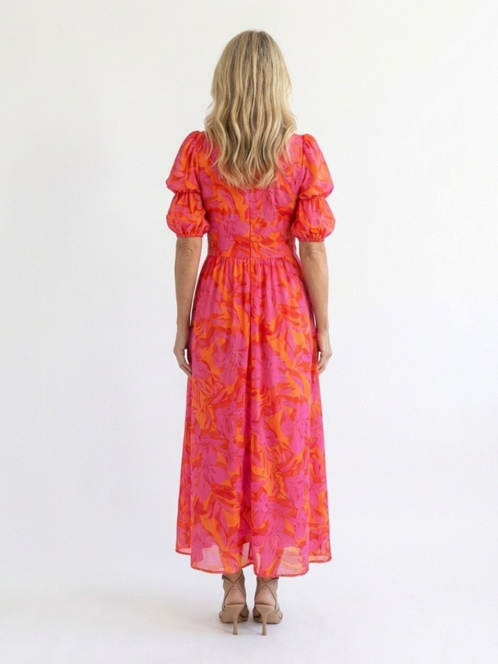 Verenaluxe™ | Floral V Neck Puff Sleeve Midi Dress