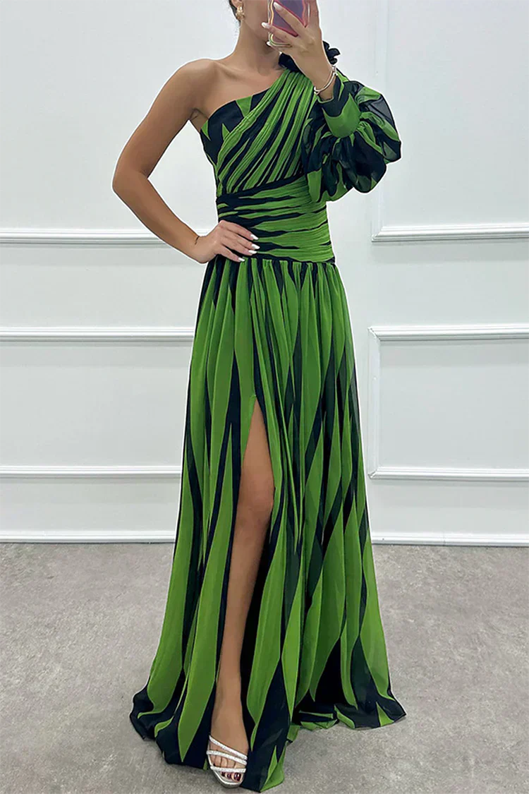 Verenaluxe™ | Elegant Striped Maxi Dress with One Shoulder