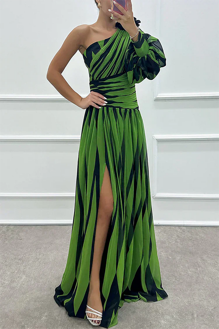 Verenaluxe™ | Elegant Striped Maxi Dress with One Shoulder
