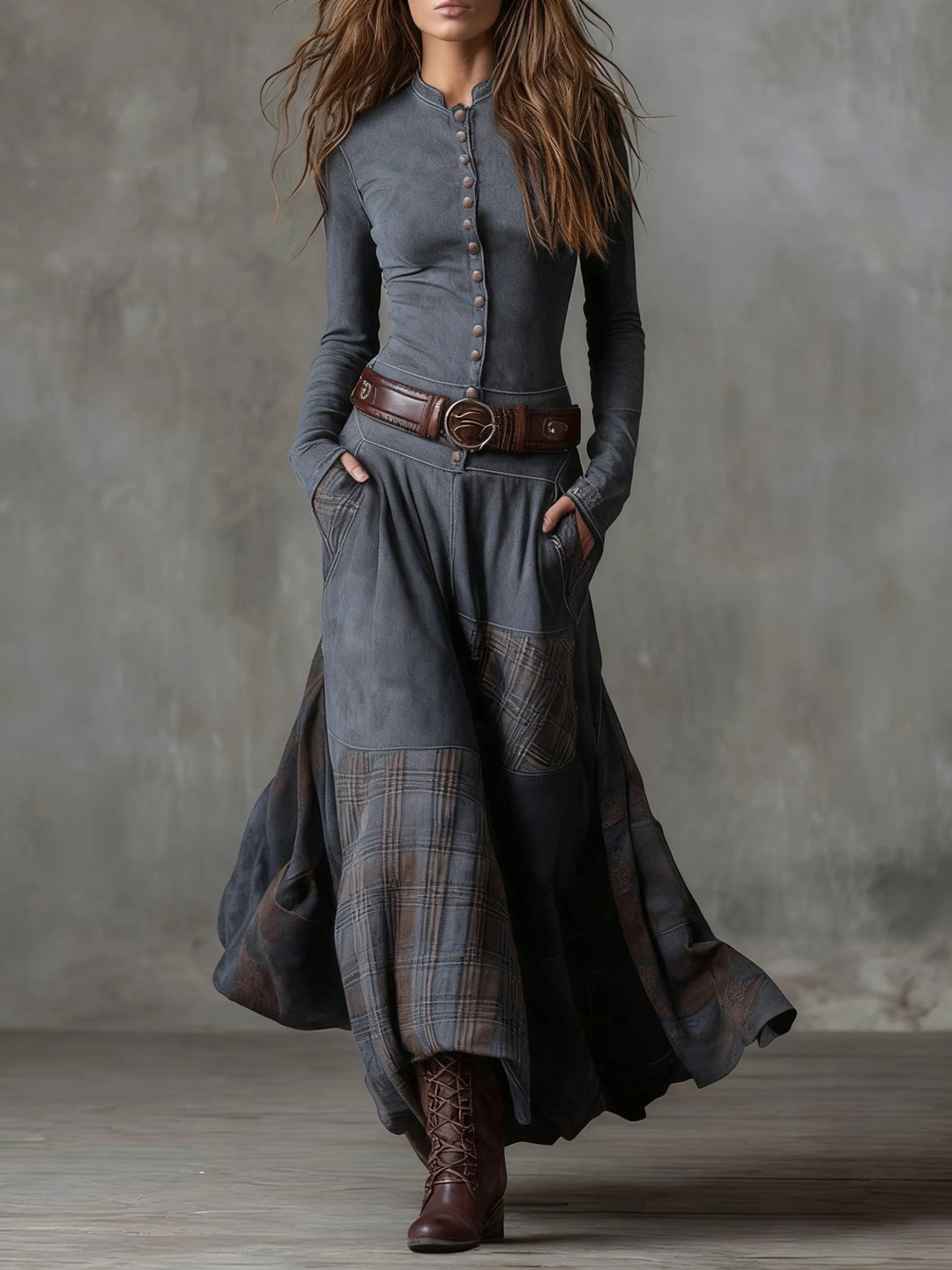 Plaid Patchwork Retro Style Maxi Dress