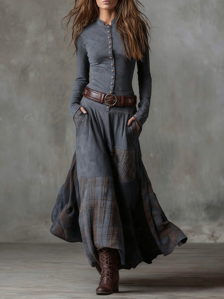 Plaid Patchwork Retro Style Maxi Dress