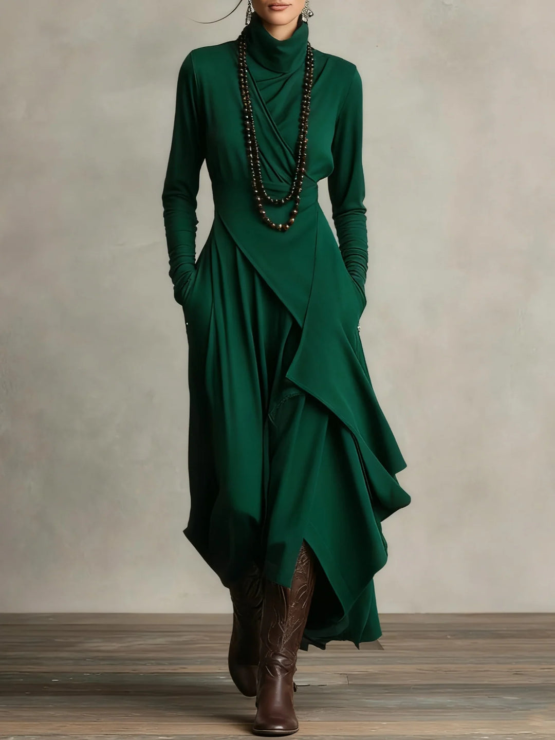 High-Neck Flow Pleated Maxi Dress