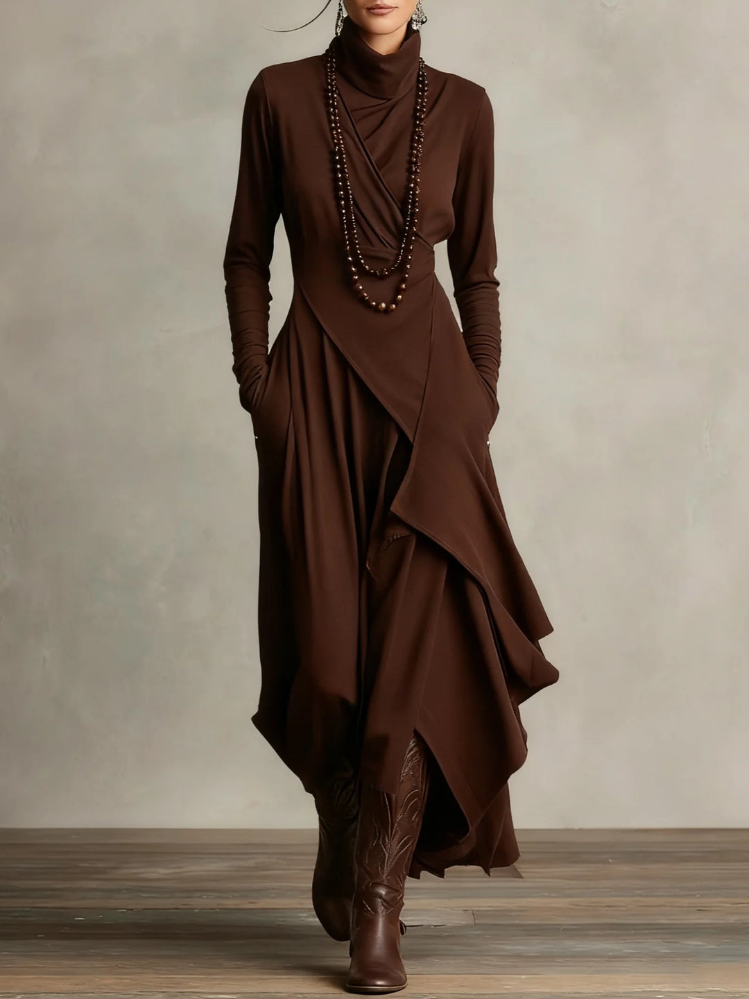 High-Neck Flow Pleated Maxi Dress