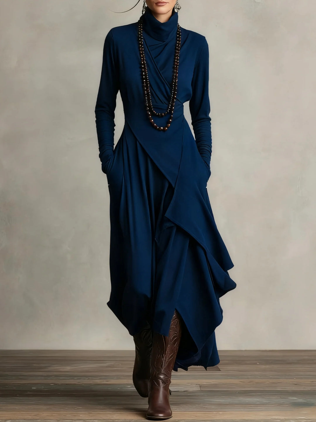 High-Neck Flow Pleated Maxi Dress