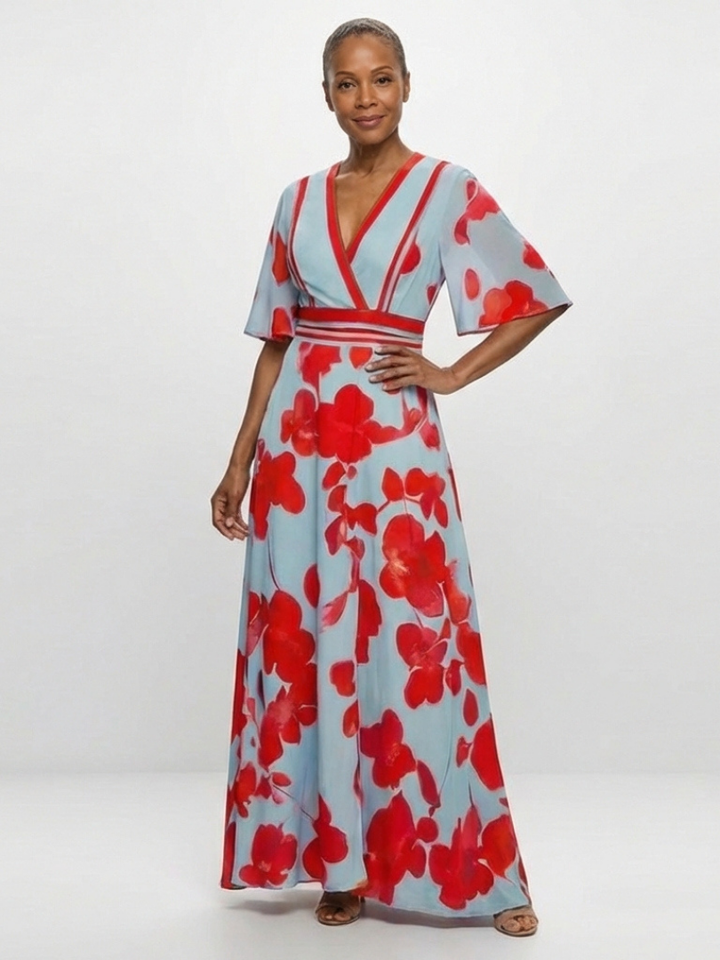 Verenaluxe™ | V Neck Short Sleeve Floral Maxi Dress
