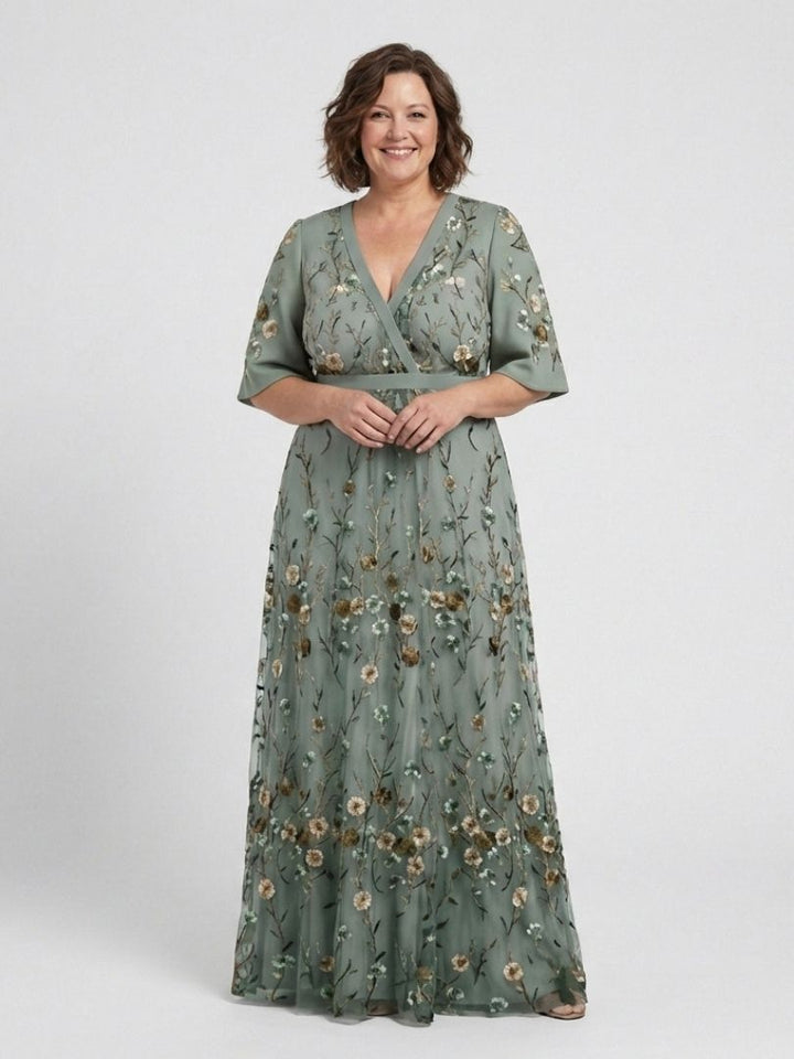 Verenaluxe™ | Floral V Neck Short Sleeve Maxi Dress